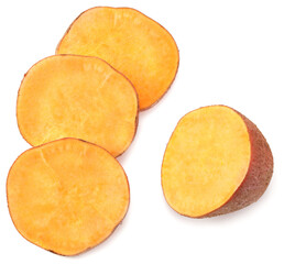sliced sweet potatoes isolated on white background top view