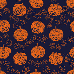 Vector orange pumpkins dark seamless pattern leaves