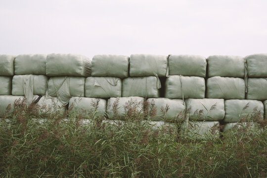 Grass bales in plastic stored at a farm