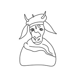 Vector illustration of a festive bull in doodle style.November picture of a bull symbol of the year 2021.Cow with black hand drawn line.Design for printing,calendar,coloring,cards,poster.