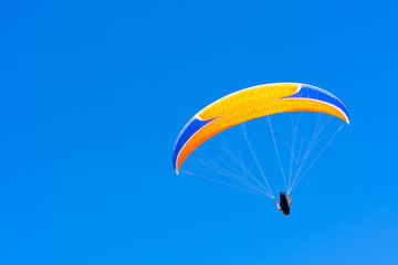 Paraglider in the blue sky. The sportsman flying on a paraglider.