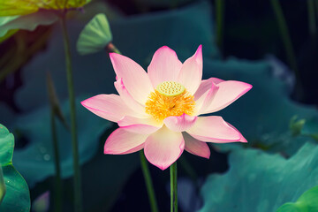 lotus flower blooming in summer pond with green leaves as background