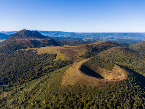 Aerial panorama of Puy Pariou and Puy de Dome volcanoes in France