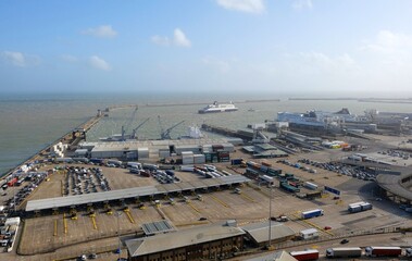Dover,England White cliffs and Dover harbor along the coast of English channel.