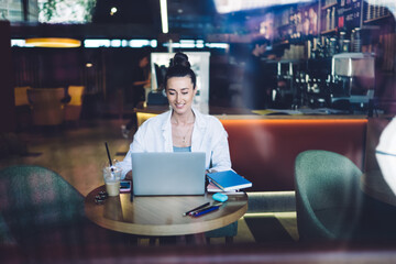 Smiling busy woman working on laptop in cafe