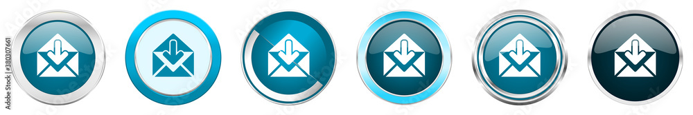Fototapete email silver metallic chrome border icons in 6 options, set of web blue round buttons isolated on wh