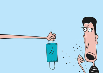 Corona - coughing man with facemask on the blue background