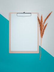 Blank clipboard with dry flowers decoration on white and cyan background.