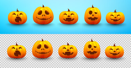 Set of Halloween pumpkin on blue and transparent background. Website spooky,Background or banner Halloween template.Vector illustration EPS10