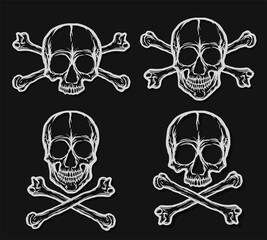 Set of human skulls with bones silhouettes isolated on black background. Hand drawn black and white vector skull illustration. Tattoo or print for T-shirt design.