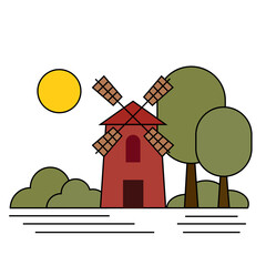 Windmill, bushes, trees and sun.  Vector illustration isolated on a white background in flat style