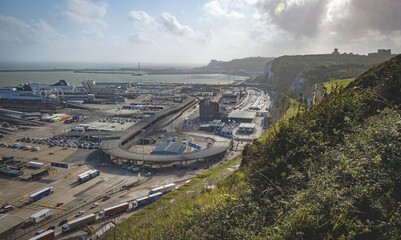 Dover,England White cliffs and Dover harbor along the coast of English channel.