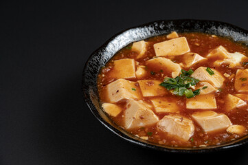 Material of traditional chinese food,Mapo Tofu dressed with black background.