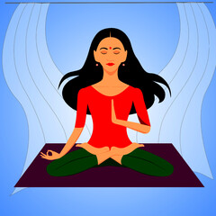 A young Indian woman sits in lotus position and meditates on yoga mat. Vector flat illustration.