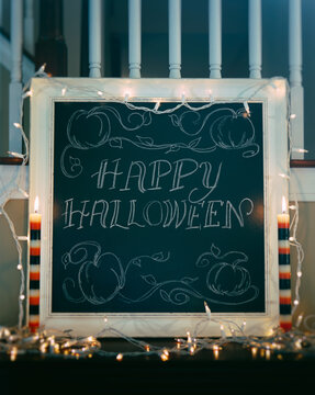 Halloween: Spooky Happy Halloween Sign With Lights And Candles