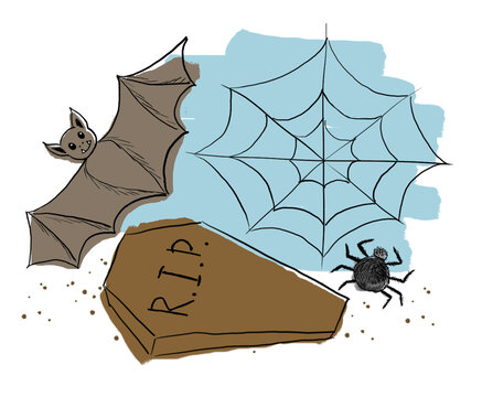 Halloween picture contour blotted spider web with spider and bat with coffin