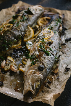 Roasted sea bass with lemon and spices