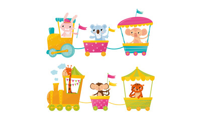 Cute Animals Riding Train or Locomotive Vector Set