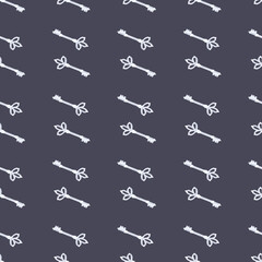 Little keys simple ornament seamless pattern. White vintage elements on grey background. Hand drawn minimalistic victorian style print.