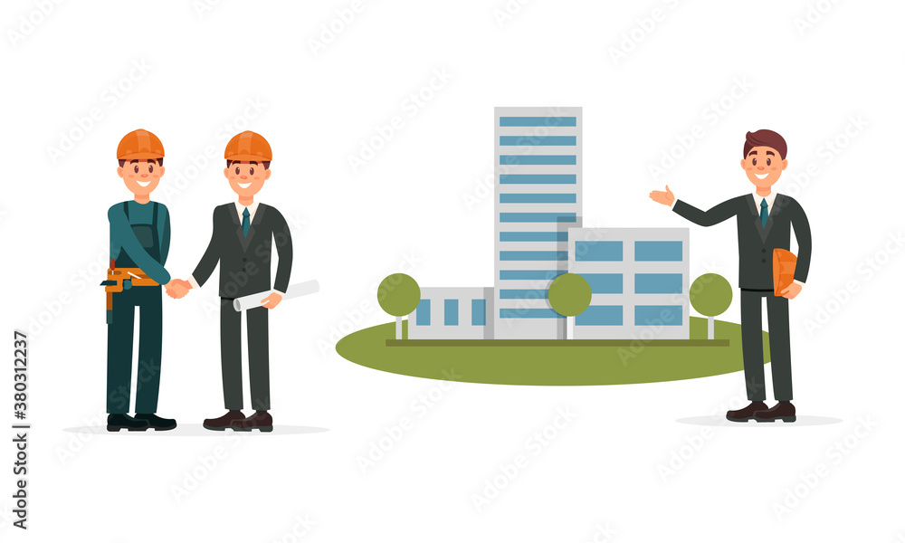 Poster man engineer and builder working on construction site vector illustration set