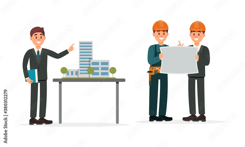 Poster man engineer presenting draft and builder working on construction site vector illustration set