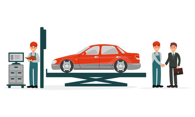 Car or Auto Mechanic Repairing and Executing Maintenance of Automobile Vector Illustration Set