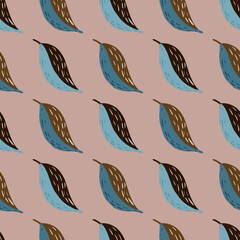 Fototapeta na wymiar Autumn seamless doodle pattern with leaf simple silhouettes. Brown and blue colored foliage on pale pink background.