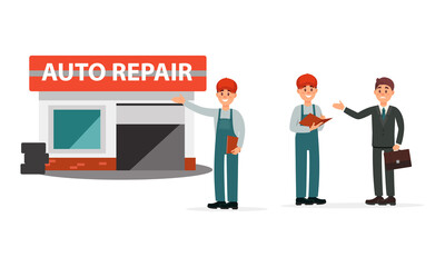 Man Car or Auto Mechanic Talking with Customer Near Garage Vector Illustration Set