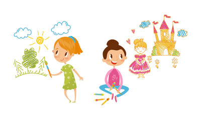 Smiling Girl Drawing Forest and Castle with Hair Pencil on the Wall Vector Illustration Set