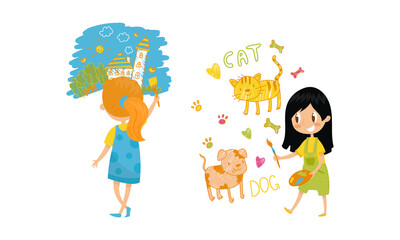 Smiling Girl Drawing House and Cat with Paint Brush on the Wall Vector Illustration Set