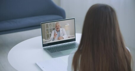 Doctor video conference call online talking for follow up remotely with medical coronavirus result at home. Online healthcare digital technology service, counselor and interview app.