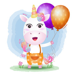 a cute unicorn using birthday hat and holds balloon