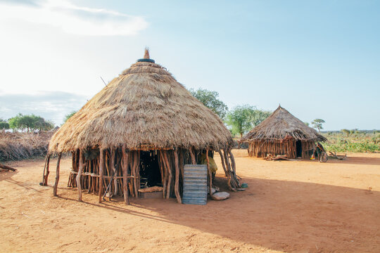 Hamer tribe traditional huts on the village. Turmi, Ethiopia