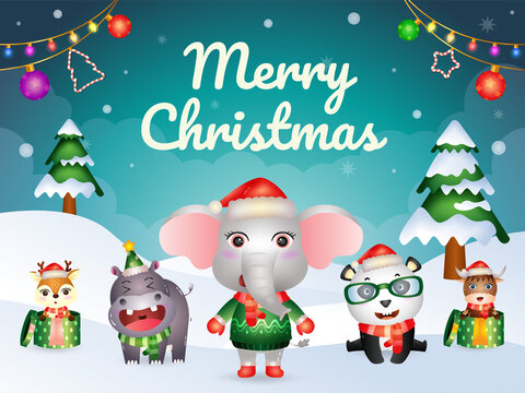 Merry christmas greeting card with cute animals character : elephant, panda, buffalo, hippo, and deer