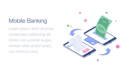 
Mobile banking app in isometric illustration 
