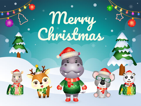Merry christmas greeting card with cute animals character : hippo, koala, panda, deer, and rhino