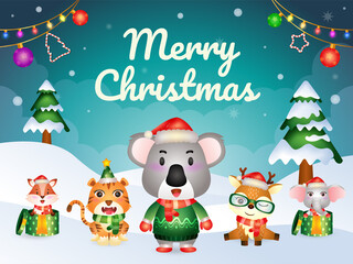 Merry christmas greeting card with cute animals character : koala, deer, elephant, tiger, and fox