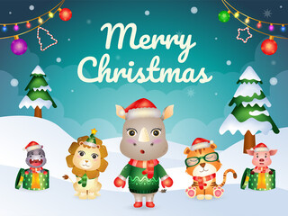 Merry christmas greeting card with cute animals character : rhino, lion, pig, hippo, and tiger