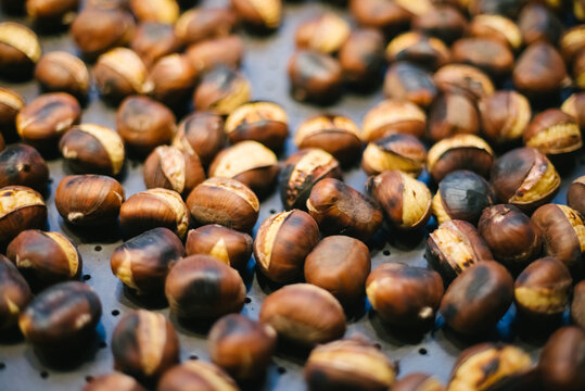 Italian caldarroste (hot chestnuts) in the pan