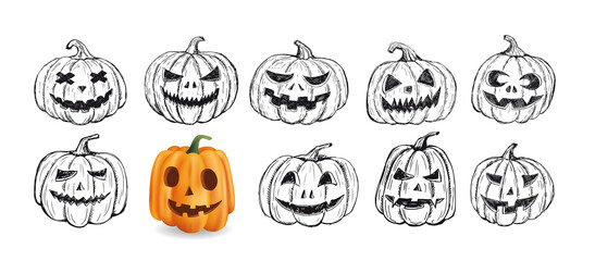 Halloween pumpkin set. Hand drawn illustration.	