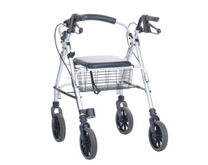 Rollator walking aid frame with four wheels, a seat and handlebars