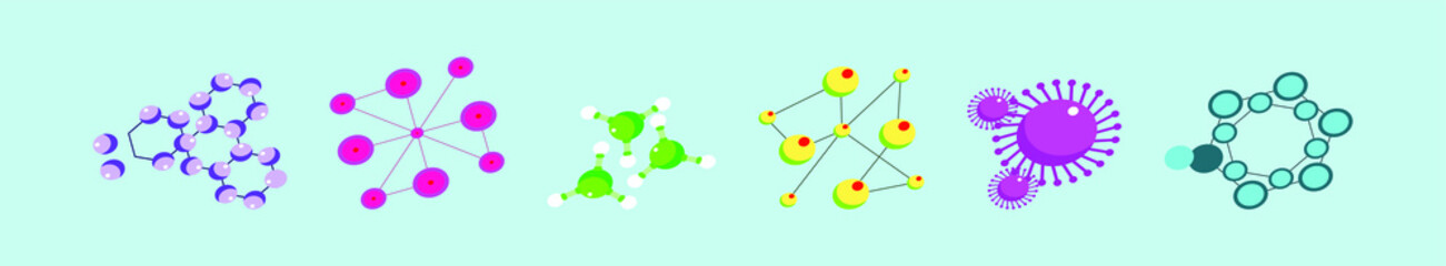set of molecule cartoon icon design template with various models. vector illustration isolated on blue background