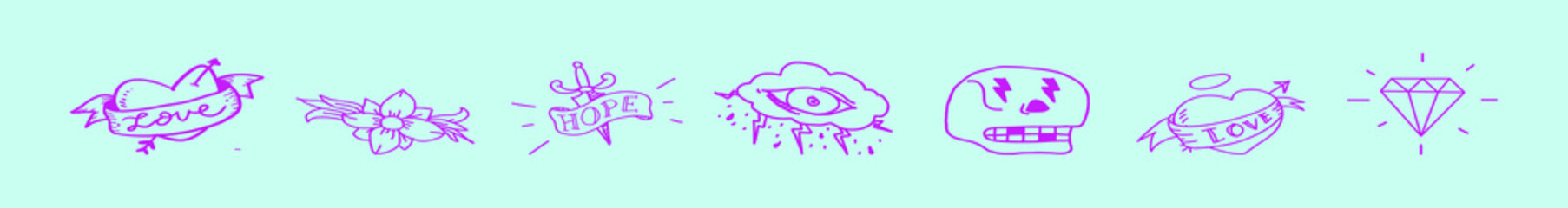 set of hand drawn old school tattoo in line style design template with various models. vector illustration isolated on blue background