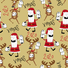 Seamless pattern for Christmas - Funny reindeer and Santa Claus with toilet papers. Good for wrapping paper, textile print, wall paper, poster, card or decoration.