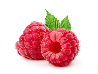 Raspberry with leaves isolated on white background