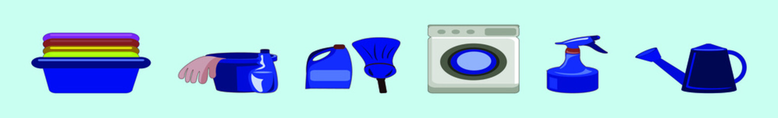set of cleaning tools cartoon icon design template with various models. vector illustration isolated on blue background