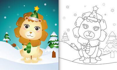 coloring book with a cute lion christmas characters collection with a hat and scarf