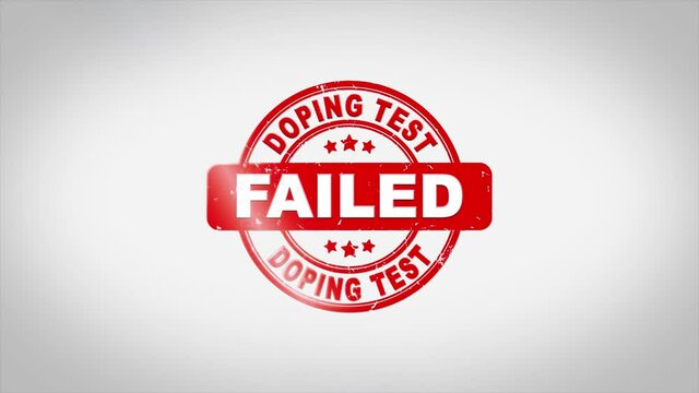 DOPING TEST Failed Signed Stamping Text Wooden Stamp Animation. Red Ink on Clean White Paper Surface Background with Green matte Background Included.