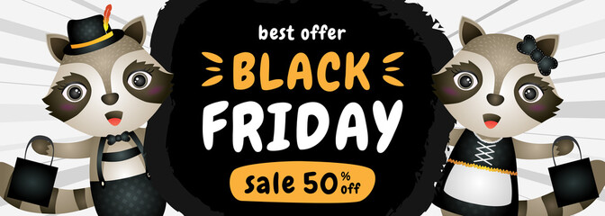 spacial discount black friday sale banner with cute raccoon illustration