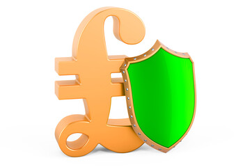 Pound sterling symbol with shield, financial insurance and business stability concept. 3D rendering